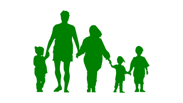 Grüne Grafik einer Famile bestehend aus Mutter, Vater, und drei Kindern unterschiedlichen Alters